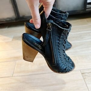 Paul Green Rosa Peep Toe Bootie Black Woven Leather
